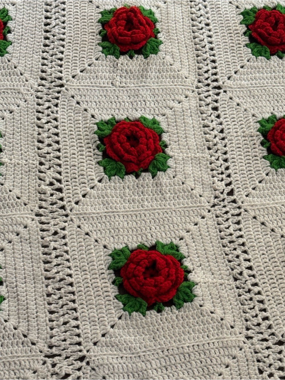 Handmade Cream Crochet Throw with Red Rose Appliqués - Brand